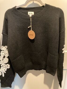 BiBi Black Crewneck Sweater with White Sleeve Embroidery